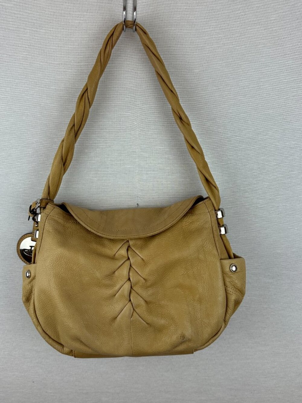 B MAKOWSKY GENUINE LEATHER HOBO BAG SHOULDER PURSE BRAIDED SLOUCHY BEIGE A98168